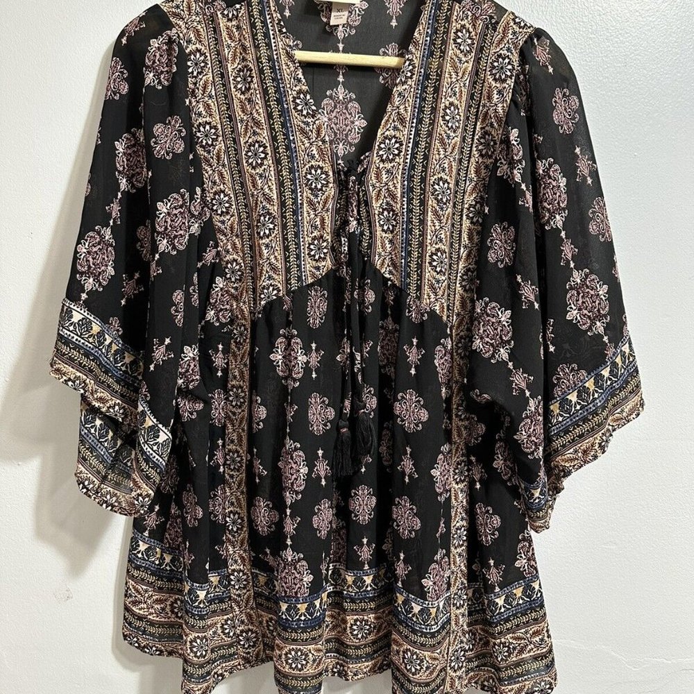 Knox Rose Women's Plus Lace Up Tassel Blouse Kimono Sleeve Shirt Top Sheer SZ XL